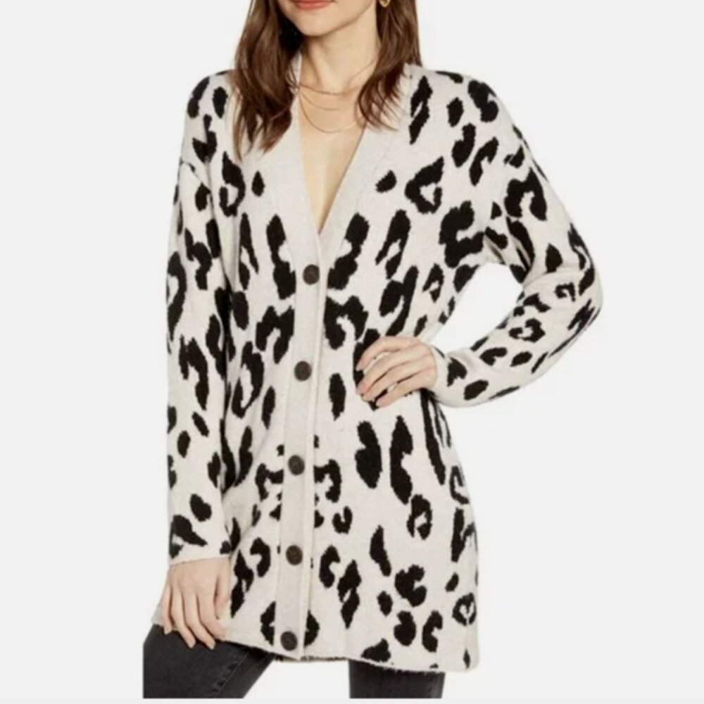 Leopard Print Long Line V-Neck Button Front Cardigan by Something Navy - M